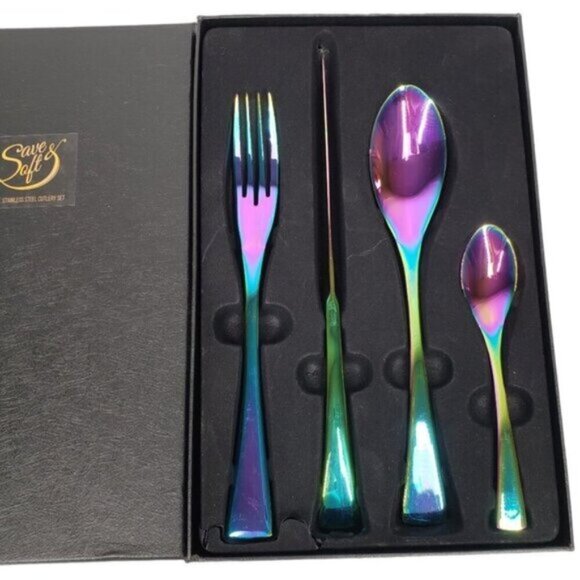 Iridescent Cutlery Four Piece Set in Box New Stainless Steel Rainbow - Picture 1 of 13